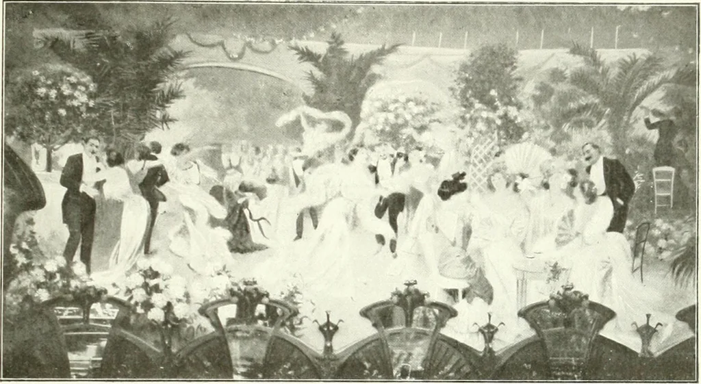 An illustration from L'art à la Taverne de Paris. Chéret, Abel Faivre, Grün, Léandre, Métivet, Steinlen, Willette, artistes peintres. Emile Robert, ferronnier d'art. Jacques Hermant, architecte. Photogravures de Ducourtioux et Huillard, d'après les clichés de Simonet, 1906, leaf 57
