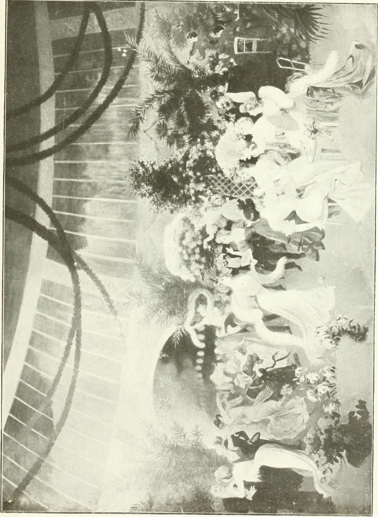 An illustration from L'art à la Taverne de Paris. Chéret, Abel Faivre, Grün, Léandre, Métivet, Steinlen, Willette, artistes peintres. Emile Robert, ferronnier d'art. Jacques Hermant, architecte. Photogravures de Ducourtioux et Huillard, d'après les clichés de Simonet, 1906, leaf 61