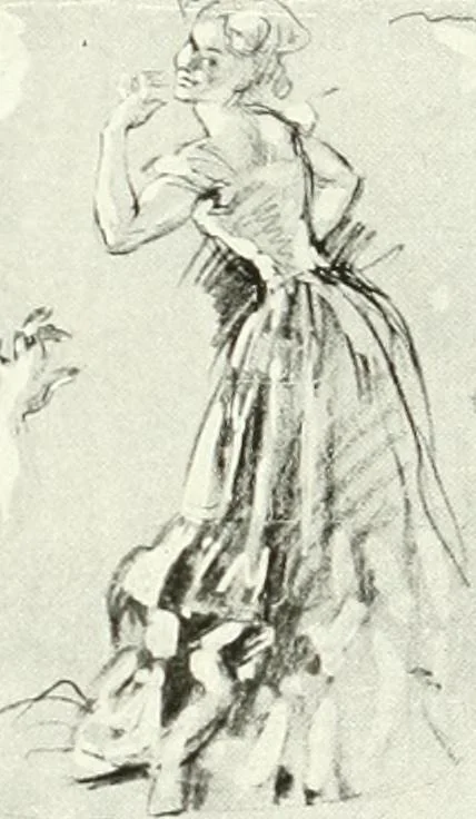 An illustration from L'art à la Taverne de Paris. Chéret, Abel Faivre, Grün, Léandre, Métivet, Steinlen, Willette, artistes peintres. Emile Robert, ferronnier d'art. Jacques Hermant, architecte. Photogravures de Ducourtioux et Huillard, d'après les clichés de Simonet, 1906, leaf 63