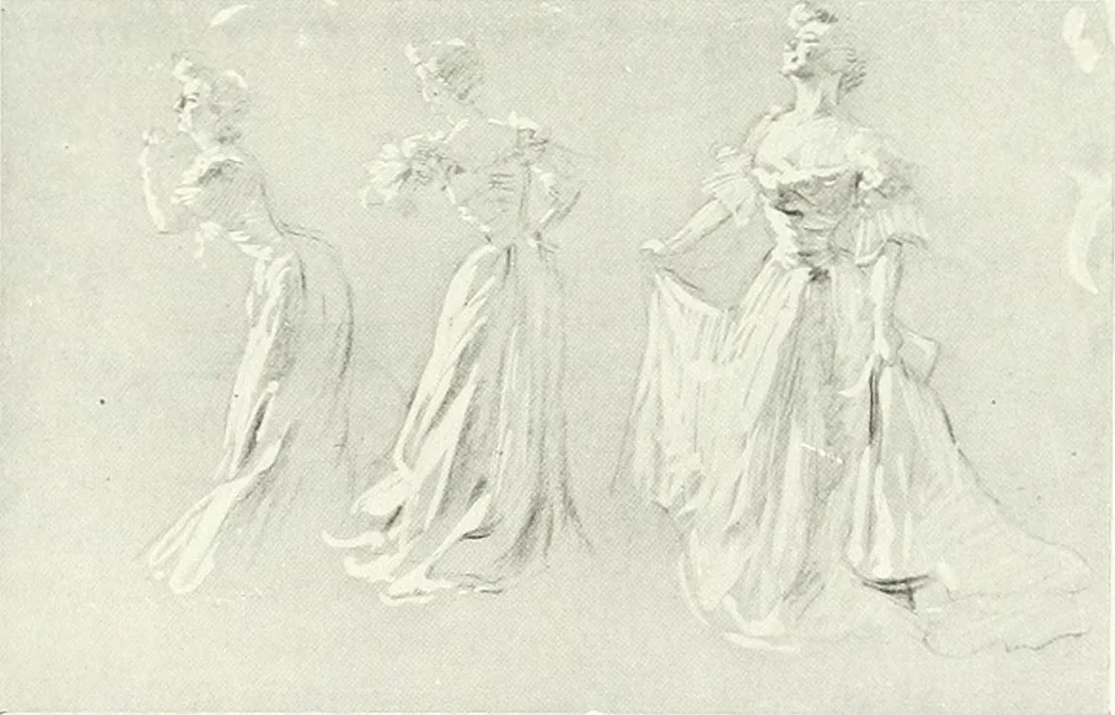 An illustration from L'art à la Taverne de Paris. Chéret, Abel Faivre, Grün, Léandre, Métivet, Steinlen, Willette, artistes peintres. Emile Robert, ferronnier d'art. Jacques Hermant, architecte. Photogravures de Ducourtioux et Huillard, d'après les clichés de Simonet, 1906, leaf 65