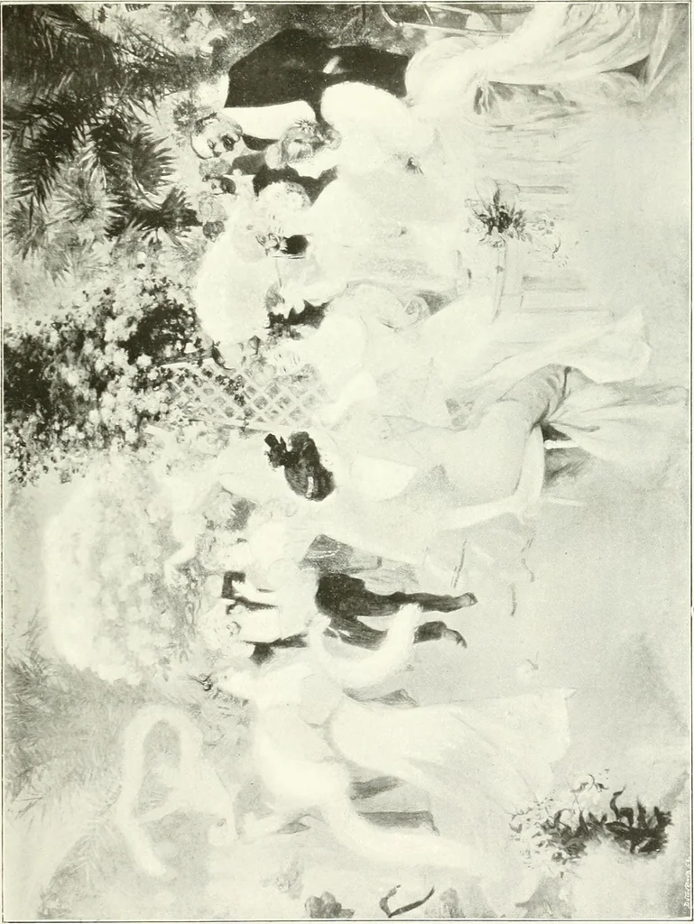 An illustration from L'art à la Taverne de Paris. Chéret, Abel Faivre, Grün, Léandre, Métivet, Steinlen, Willette, artistes peintres. Emile Robert, ferronnier d'art. Jacques Hermant, architecte. Photogravures de Ducourtioux et Huillard, d'après les clichés de Simonet, 1906, leaf 67