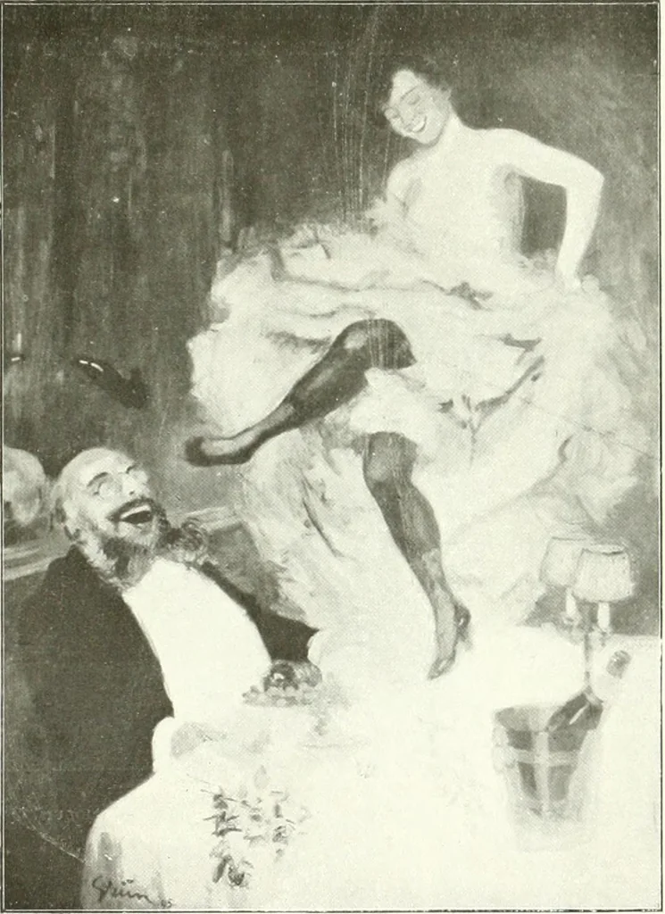 An illustration from L'art à la Taverne de Paris. Chéret, Abel Faivre, Grün, Léandre, Métivet, Steinlen, Willette, artistes peintres. Emile Robert, ferronnier d'art. Jacques Hermant, architecte. Photogravures de Ducourtioux et Huillard, d'après les clichés de Simonet, 1906, leaf 69