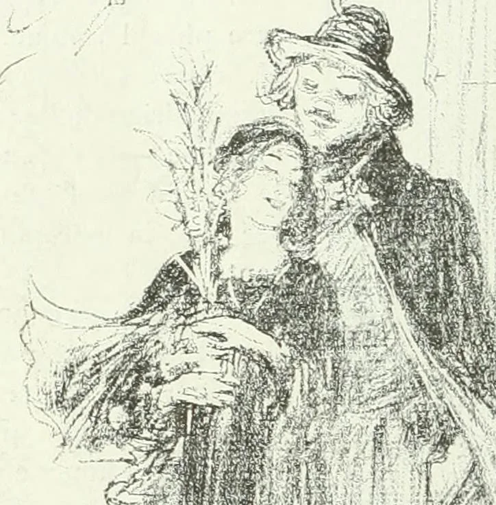 An illustration from L'art à la Taverne de Paris. Chéret, Abel Faivre, Grün, Léandre, Métivet, Steinlen, Willette, artistes peintres. Emile Robert, ferronnier d'art. Jacques Hermant, architecte. Photogravures de Ducourtioux et Huillard, d'après les clichés de Simonet, 1906, leaf 74