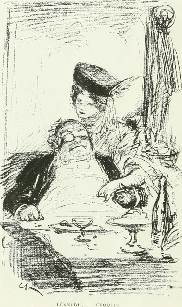 An illustration from L'art à la Taverne de Paris. Chéret, Abel Faivre, Grün, Léandre, Métivet, Steinlen, Willette, artistes peintres. Emile Robert, ferronnier d'art. Jacques Hermant, architecte. Photogravures de Ducourtioux et Huillard, d'après les clichés de Simonet, 1906, leaf 76