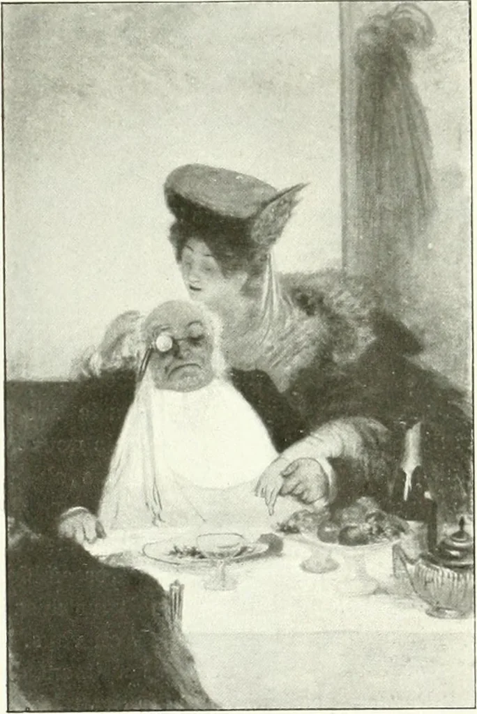 An illustration from L'art à la Taverne de Paris. Chéret, Abel Faivre, Grün, Léandre, Métivet, Steinlen, Willette, artistes peintres. Emile Robert, ferronnier d'art. Jacques Hermant, architecte. Photogravures de Ducourtioux et Huillard, d'après les clichés de Simonet, 1906, leaf 77