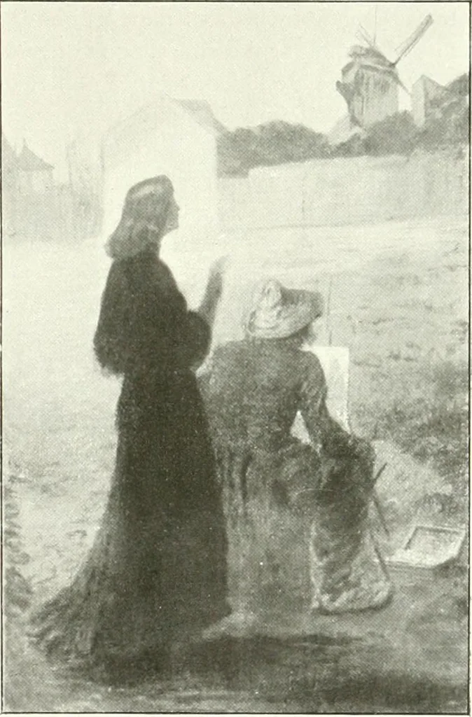 An illustration from L'art à la Taverne de Paris. Chéret, Abel Faivre, Grün, Léandre, Métivet, Steinlen, Willette, artistes peintres. Emile Robert, ferronnier d'art. Jacques Hermant, architecte. Photogravures de Ducourtioux et Huillard, d'après les clichés de Simonet, 1906, leaf 87