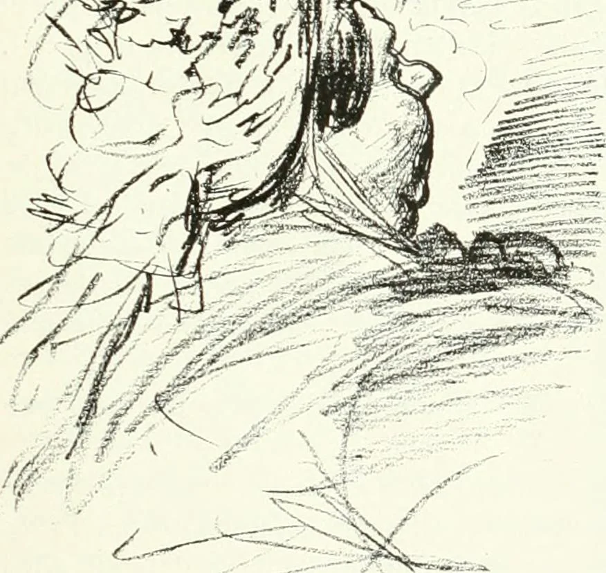 An illustration from L'art à la Taverne de Paris. Chéret, Abel Faivre, Grün, Léandre, Métivet, Steinlen, Willette, artistes peintres. Emile Robert, ferronnier d'art. Jacques Hermant, architecte. Photogravures de Ducourtioux et Huillard, d'après les clichés de Simonet, 1906, leaf 89
