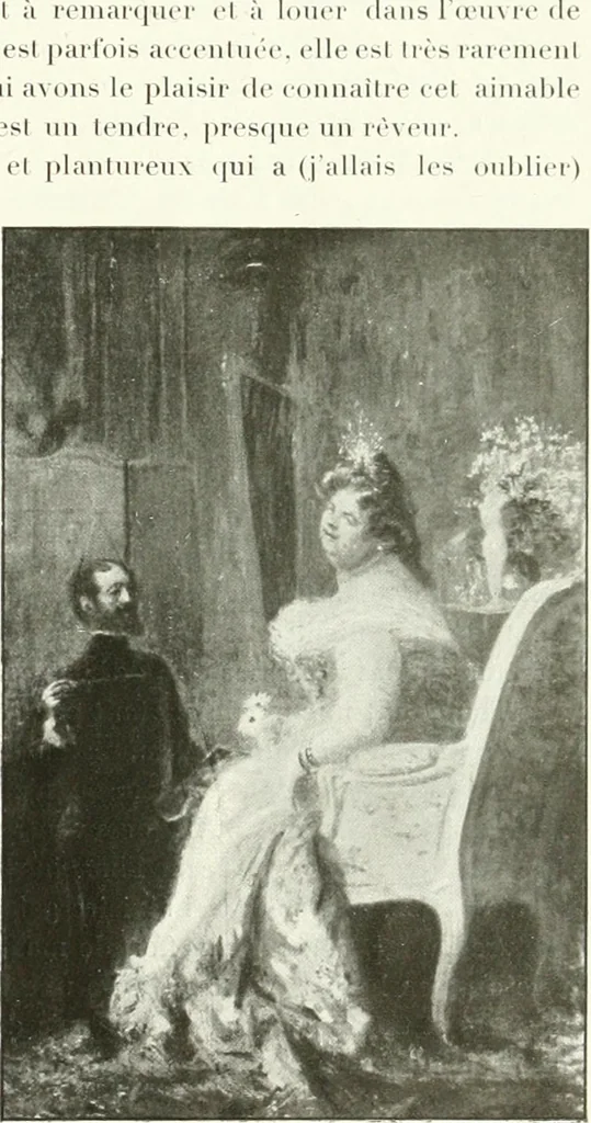 An illustration from L'art à la Taverne de Paris. Chéret, Abel Faivre, Grün, Léandre, Métivet, Steinlen, Willette, artistes peintres. Emile Robert, ferronnier d'art. Jacques Hermant, architecte. Photogravures de Ducourtioux et Huillard, d'après les clichés de Simonet, 1906, leaf 91