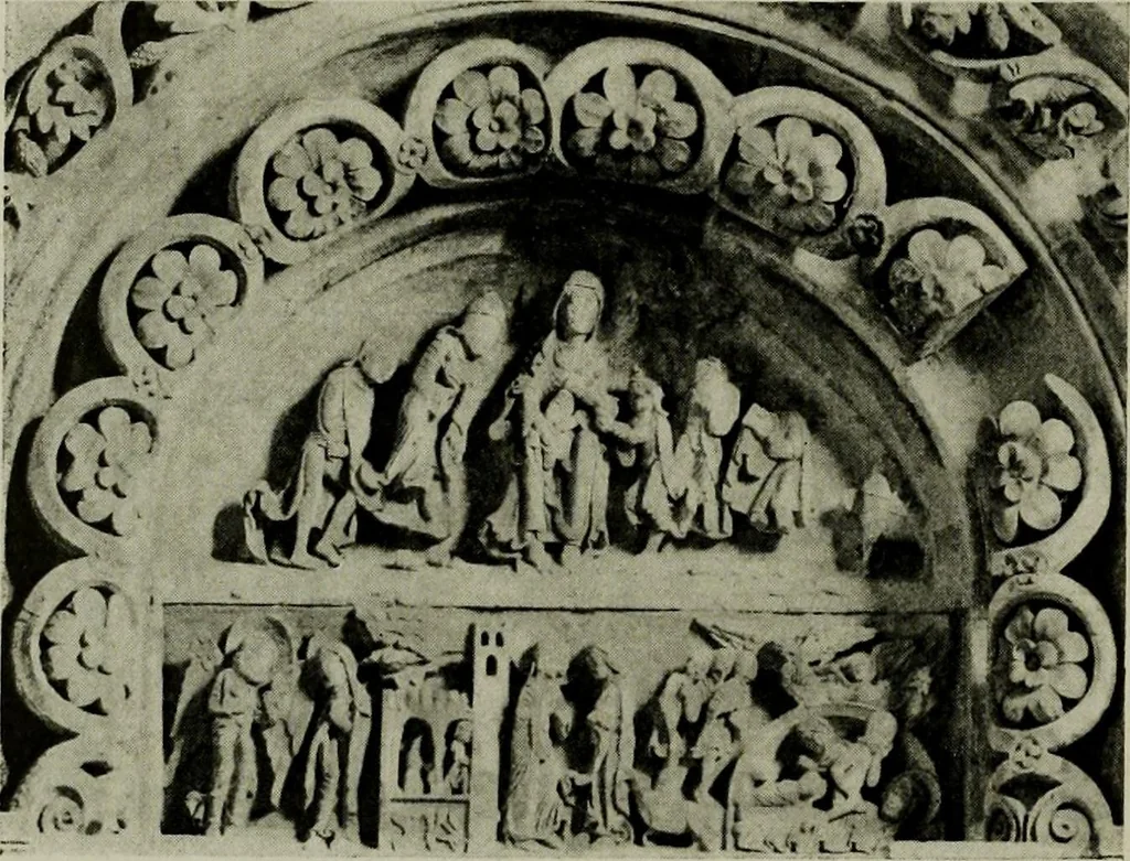 An illustration from L'art religieux du XIIe siècle en France : Etude sur les origines de l'iconographie du Moyen Age, 1922, leaf 77