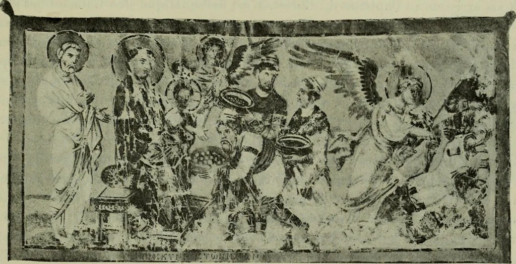 An illustration from L'art religieux du XIIe siècle en France : Etude sur les origines de l'iconographie du Moyen Age, 1922, leaf 84