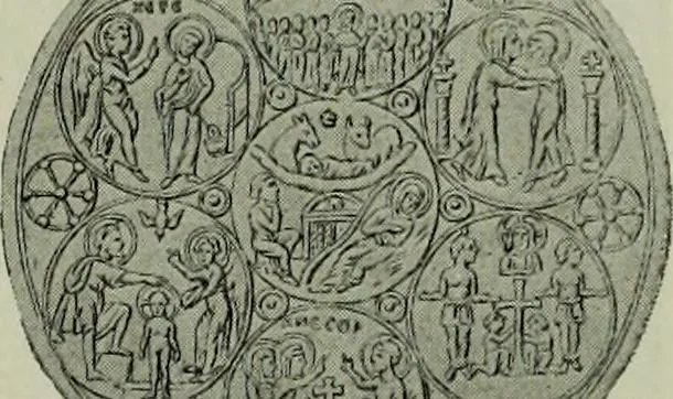 An illustration from L'art religieux du XIIe siècle en France : Etude sur les origines de l'iconographie du Moyen Age, 1922, leaf 86