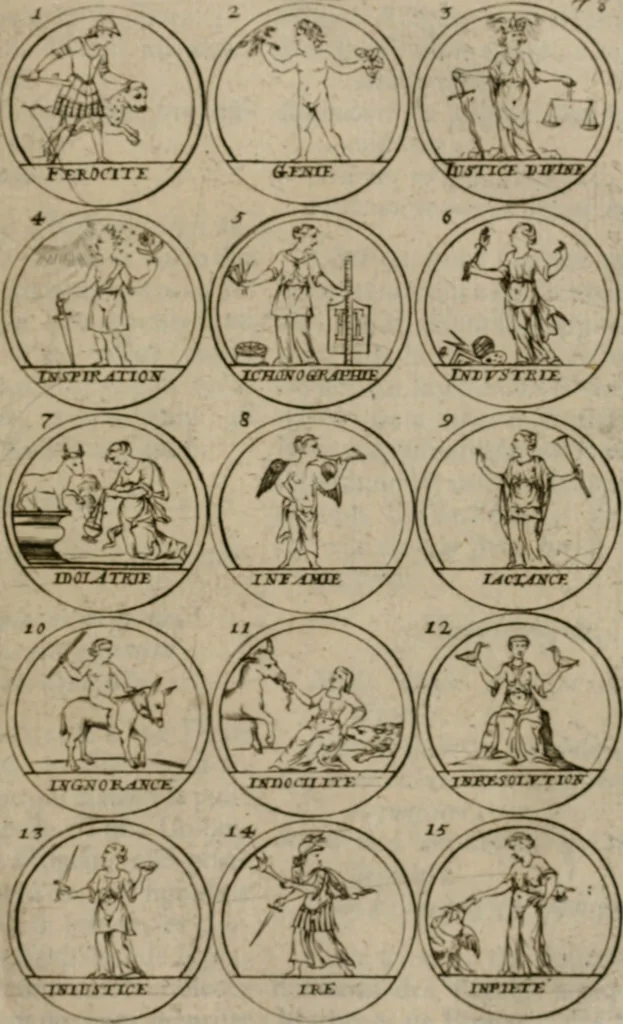 An illustration from La science des hieroglyphes, ou, L'art d'exprimer par des figures symboliques, les vertus, les vices, les passions & les moeurs &c. avec diférentes [sic] devices historiques : ouvrage utile aux peintres, aux statuaires, aux graveurs & aux amateurs des arts qui dépendent du dessein, 1736, leaf 138