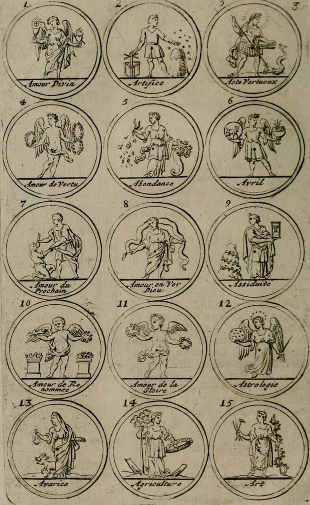 An illustration from La science des hieroglyphes, ou, L'art d'exprimer par des figures symboliques, les vertus, les vices, les passions & les moeurs &c. avec diférentes [sic] devices historiques : ouvrage utile aux peintres, aux statuaires, aux graveurs & aux amateurs des arts qui dépendent du dessein, 1736, leaf 15