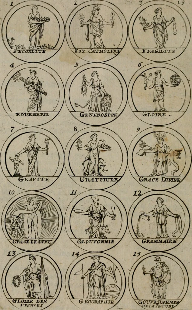 An illustration from La science des hieroglyphes, ou, L'art d'exprimer par des figures symboliques, les vertus, les vices, les passions & les moeurs &c. avec diférentes [sic] devices historiques : ouvrage utile aux peintres, aux statuaires, aux graveurs & aux amateurs des arts qui dépendent du dessein, 1736, leaf 43