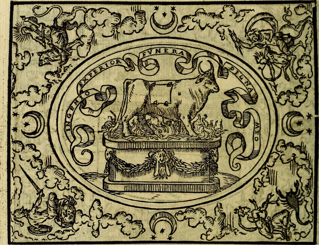 An illustration from La sententiose imprese, et dialogo del Symeone. Con la verificatione del sito di Gergobia, la geografia d'Ouernia, la figura & tempio d'Apolline in Velay; & il suo hieroglyfico monumento, natiuità, vita & epitaffio, 1560, leaf 101