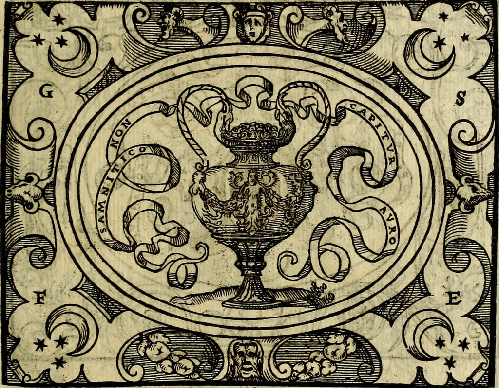 An illustration from La sententiose imprese, et dialogo del Symeone. Con la verificatione del sito di Gergobia, la geografia d'Ouernia, la figura & tempio d'Apolline in Velay; & il suo hieroglyfico monumento, natiuità, vita & epitaffio, 1560, leaf 102