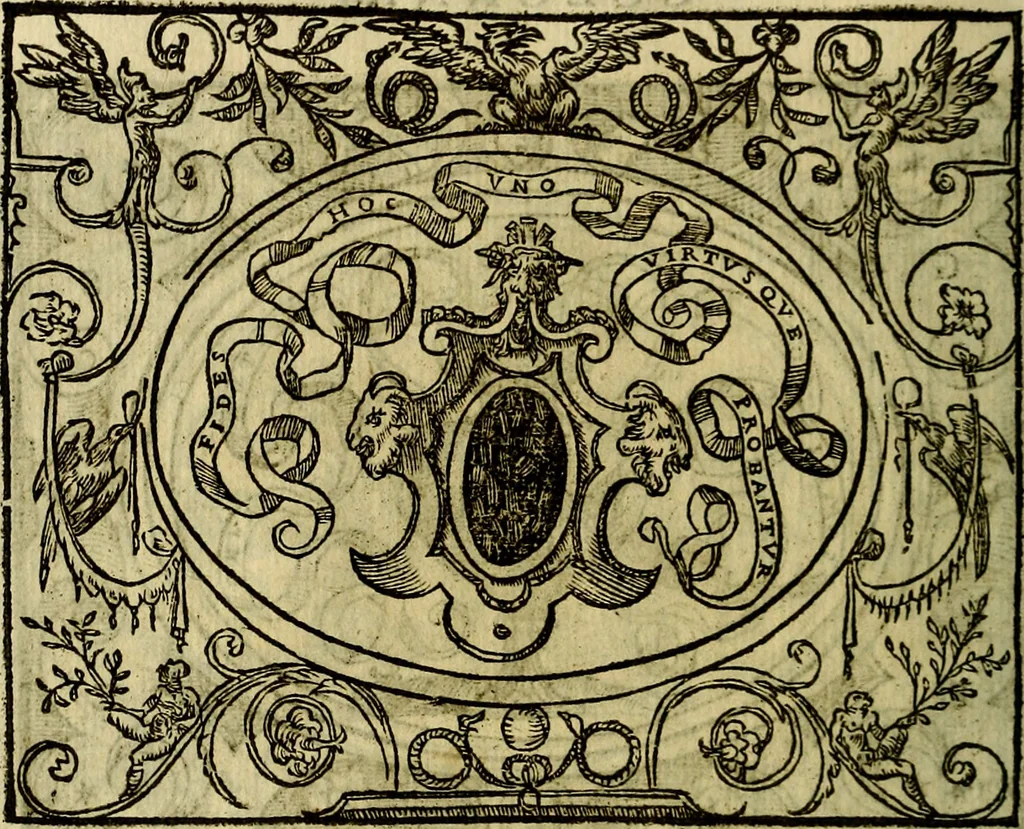 An illustration from La sententiose imprese, et dialogo del Symeone. Con la verificatione del sito di Gergobia, la geografia d'Ouernia, la figura & tempio d'Apolline in Velay; & il suo hieroglyfico monumento, natiuità, vita & epitaffio, 1560, leaf 103