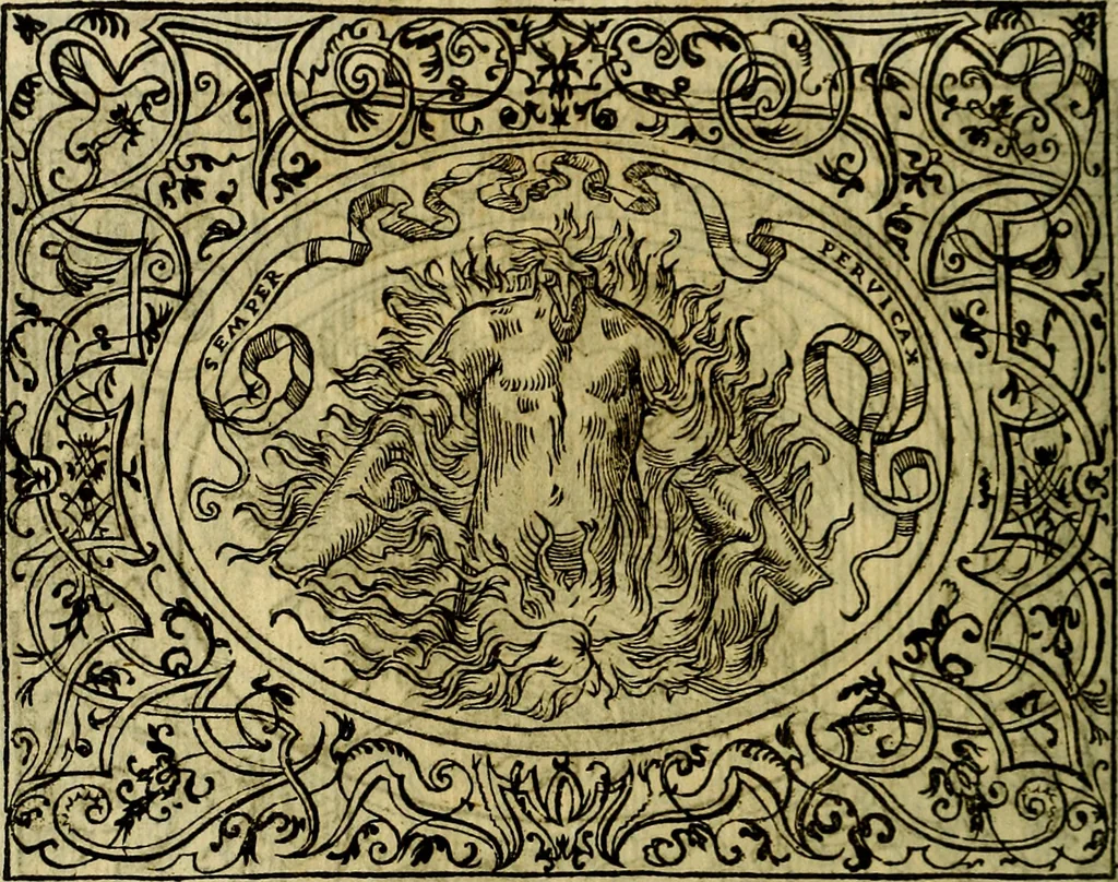 An illustration from La sententiose imprese, et dialogo del Symeone. Con la verificatione del sito di Gergobia, la geografia d'Ouernia, la figura & tempio d'Apolline in Velay; & il suo hieroglyfico monumento, natiuità, vita & epitaffio, 1560, leaf 105