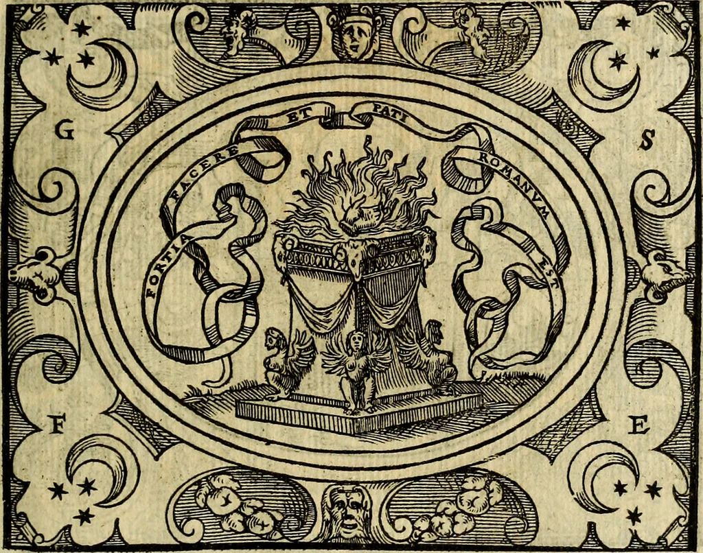 An illustration from La sententiose imprese, et dialogo del Symeone. Con la verificatione del sito di Gergobia, la geografia d'Ouernia, la figura & tempio d'Apolline in Velay; & il suo hieroglyfico monumento, natiuità, vita & epitaffio, 1560, leaf 106