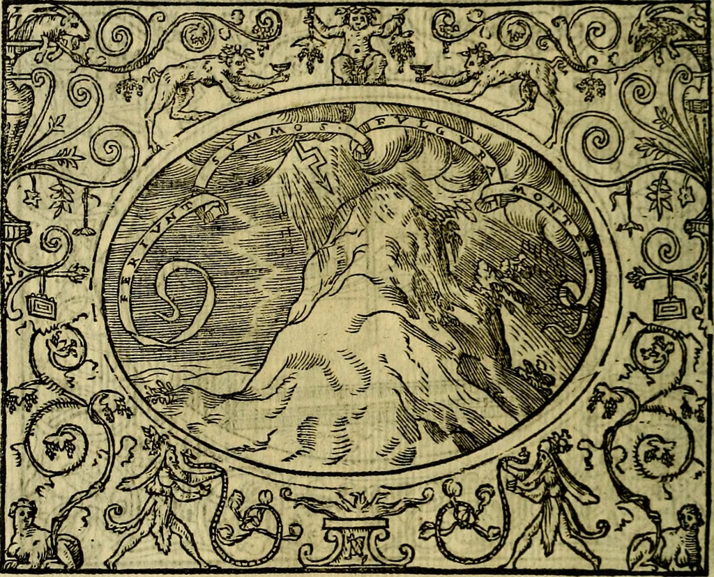 An illustration from La sententiose imprese, et dialogo del Symeone. Con la verificatione del sito di Gergobia, la geografia d'Ouernia, la figura & tempio d'Apolline in Velay; & il suo hieroglyfico monumento, natiuità, vita & epitaffio, 1560, leaf 111