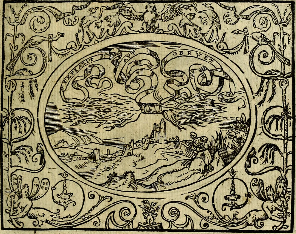 An illustration from La sententiose imprese, et dialogo del Symeone. Con la verificatione del sito di Gergobia, la geografia d'Ouernia, la figura & tempio d'Apolline in Velay; & il suo hieroglyfico monumento, natiuità, vita & epitaffio, 1560, leaf 114