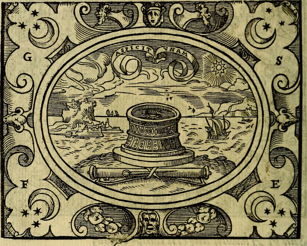 An illustration from La sententiose imprese, et dialogo del Symeone. Con la verificatione del sito di Gergobia, la geografia d'Ouernia, la figura & tempio d'Apolline in Velay; & il suo hieroglyfico monumento, natiuità, vita & epitaffio, 1560, leaf 117