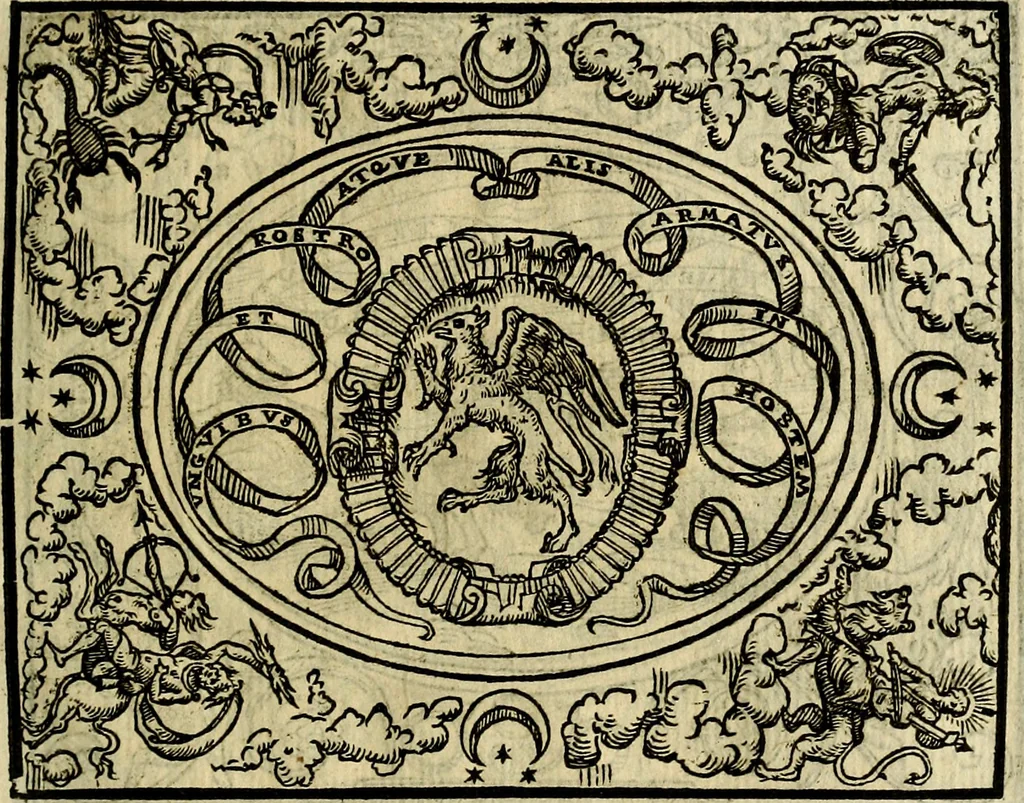 An illustration from La sententiose imprese, et dialogo del Symeone. Con la verificatione del sito di Gergobia, la geografia d'Ouernia, la figura & tempio d'Apolline in Velay; & il suo hieroglyfico monumento, natiuità, vita & epitaffio, 1560, leaf 118