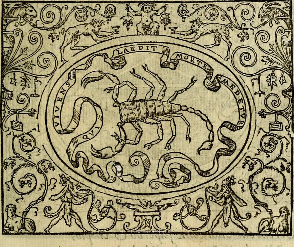 An illustration from La sententiose imprese, et dialogo del Symeone. Con la verificatione del sito di Gergobia, la geografia d'Ouernia, la figura & tempio d'Apolline in Velay; & il suo hieroglyfico monumento, natiuità, vita & epitaffio, 1560, leaf 120