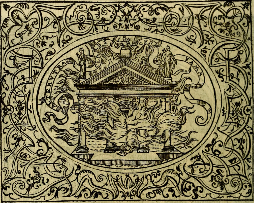 An illustration from La sententiose imprese, et dialogo del Symeone. Con la verificatione del sito di Gergobia, la geografia d'Ouernia, la figura & tempio d'Apolline in Velay; & il suo hieroglyfico monumento, natiuità, vita & epitaffio, 1560, leaf 121