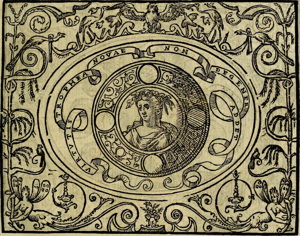An illustration from La sententiose imprese, et dialogo del Symeone. Con la verificatione del sito di Gergobia, la geografia d'Ouernia, la figura & tempio d'Apolline in Velay; & il suo hieroglyfico monumento, natiuità, vita & epitaffio, 1560, leaf 122