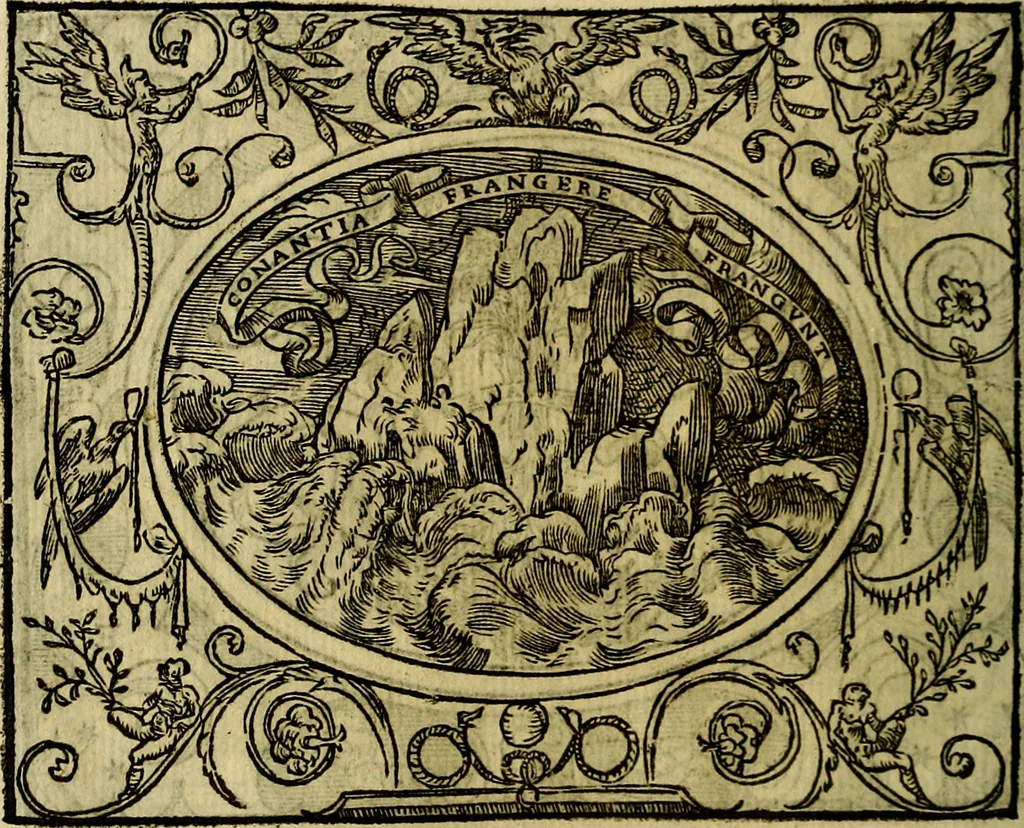 An illustration from La sententiose imprese, et dialogo del Symeone. Con la verificatione del sito di Gergobia, la geografia d'Ouernia, la figura & tempio d'Apolline in Velay; & il suo hieroglyfico monumento, natiuità, vita & epitaffio, 1560, leaf 127