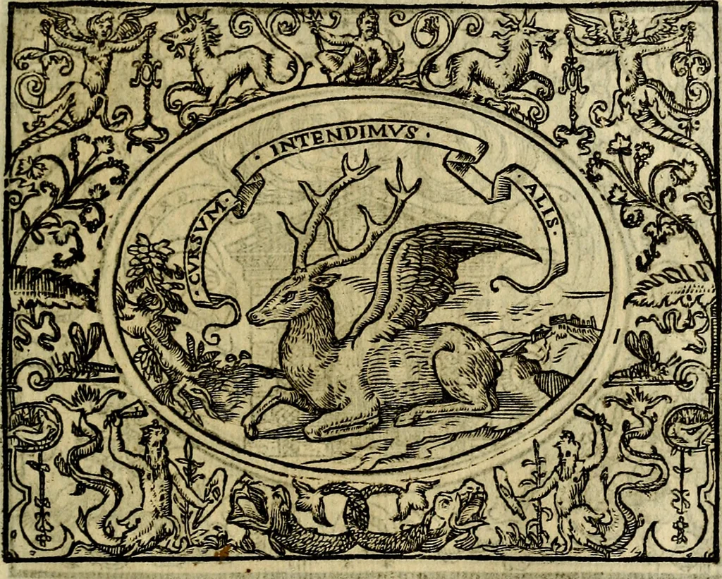 An illustration from La sententiose imprese, et dialogo del Symeone. Con la verificatione del sito di Gergobia, la geografia d'Ouernia, la figura & tempio d'Apolline in Velay; & il suo hieroglyfico monumento, natiuità, vita & epitaffio, 1560, leaf 128