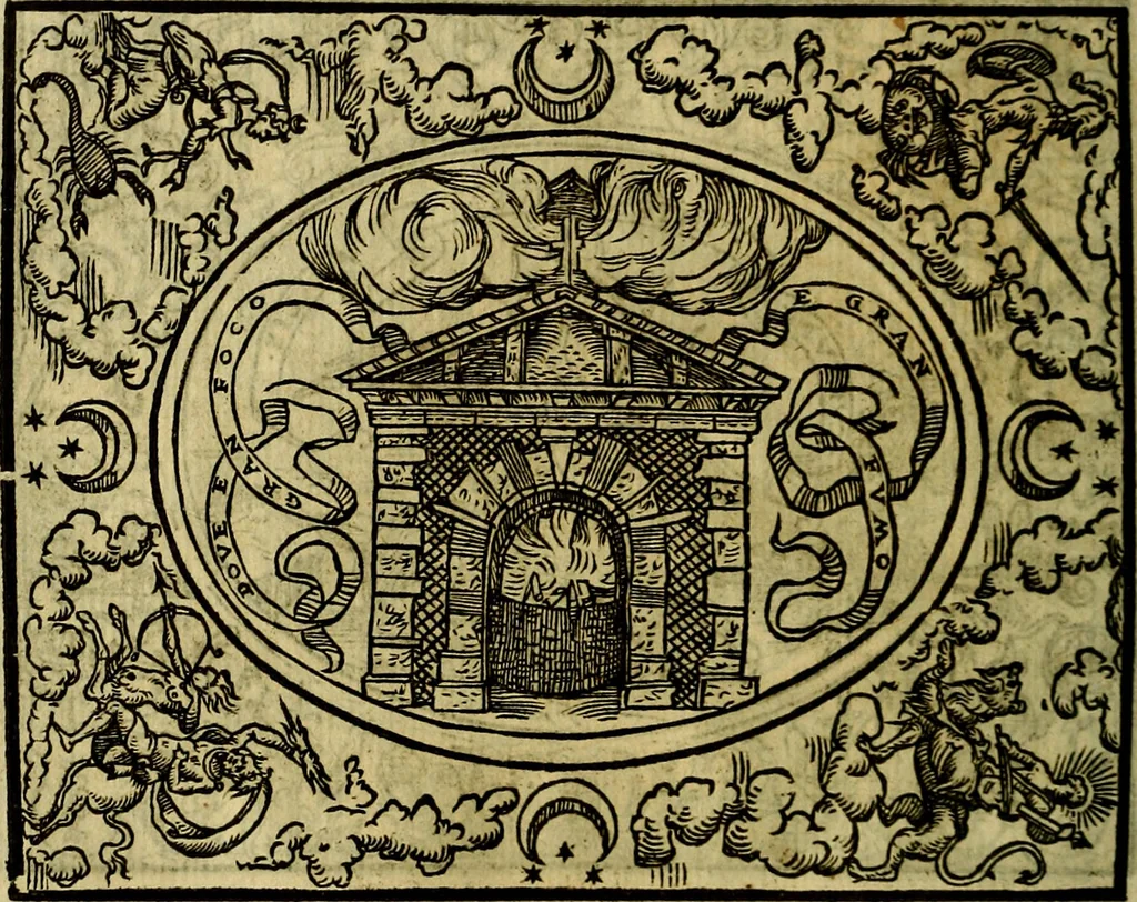 An illustration from La sententiose imprese, et dialogo del Symeone. Con la verificatione del sito di Gergobia, la geografia d'Ouernia, la figura & tempio d'Apolline in Velay; & il suo hieroglyfico monumento, natiuità, vita & epitaffio, 1560, leaf 129