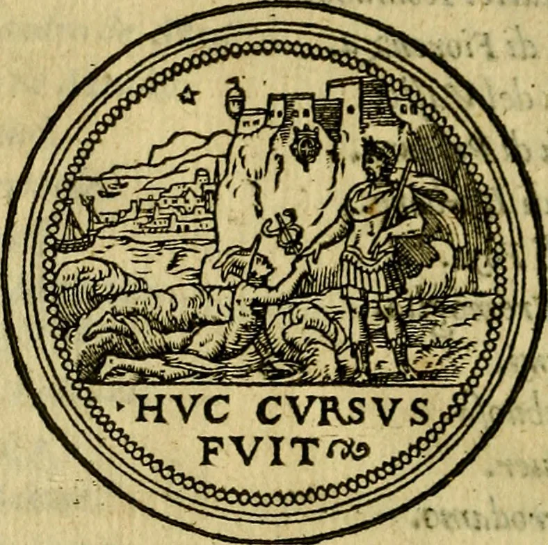 An illustration from La sententiose imprese, et dialogo del Symeone. Con la verificatione del sito di Gergobia, la geografia d'Ouernia, la figura & tempio d'Apolline in Velay; & il suo hieroglyfico monumento, natiuità, vita & epitaffio, 1560, leaf 13