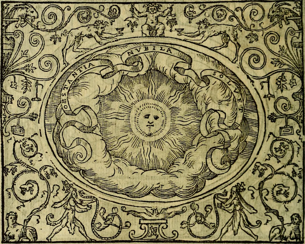 An illustration from La sententiose imprese, et dialogo del Symeone. Con la verificatione del sito di Gergobia, la geografia d'Ouernia, la figura & tempio d'Apolline in Velay; & il suo hieroglyfico monumento, natiuità, vita & epitaffio, 1560, leaf 131