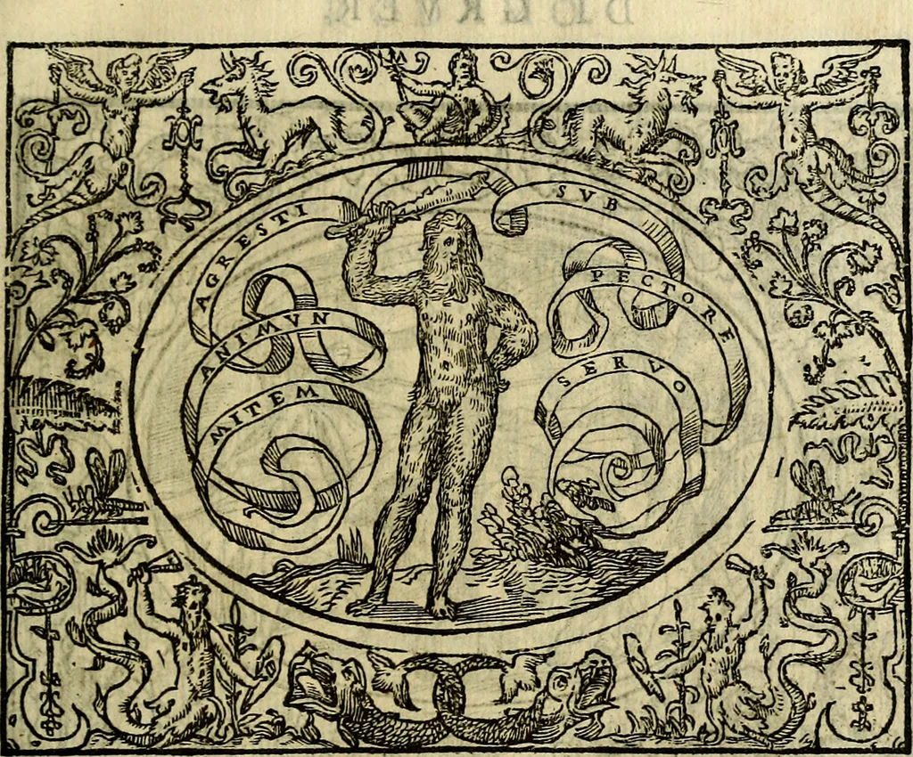 An illustration from La sententiose imprese, et dialogo del Symeone. Con la verificatione del sito di Gergobia, la geografia d'Ouernia, la figura & tempio d'Apolline in Velay; & il suo hieroglyfico monumento, natiuità, vita & epitaffio, 1560, leaf 132