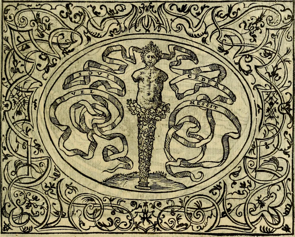 An illustration from La sententiose imprese, et dialogo del Symeone. Con la verificatione del sito di Gergobia, la geografia d'Ouernia, la figura & tempio d'Apolline in Velay; & il suo hieroglyfico monumento, natiuità, vita & epitaffio, 1560, leaf 134