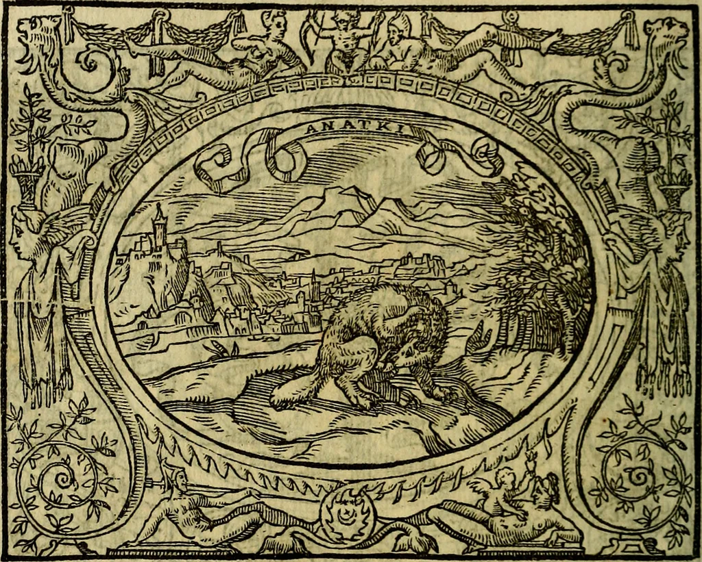 An illustration from La sententiose imprese, et dialogo del Symeone. Con la verificatione del sito di Gergobia, la geografia d'Ouernia, la figura & tempio d'Apolline in Velay; & il suo hieroglyfico monumento, natiuità, vita & epitaffio, 1560, leaf 135