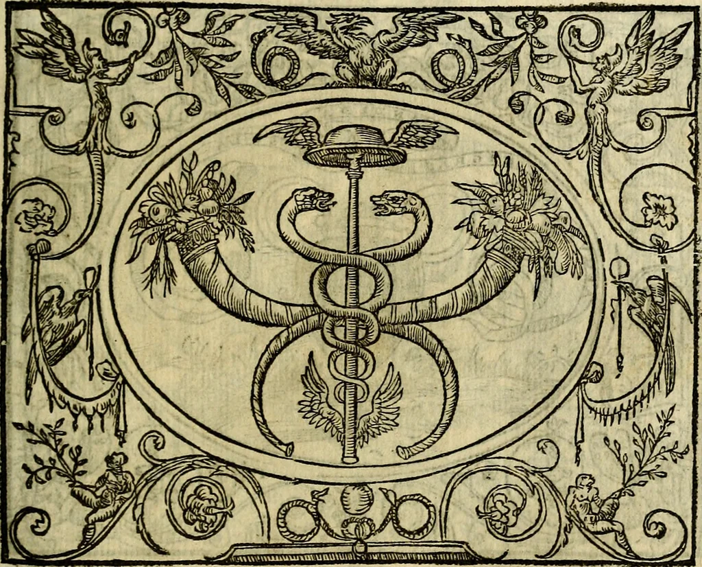 An illustration from La sententiose imprese, et dialogo del Symeone. Con la verificatione del sito di Gergobia, la geografia d'Ouernia, la figura & tempio d'Apolline in Velay; & il suo hieroglyfico monumento, natiuità, vita & epitaffio, 1560, leaf 136