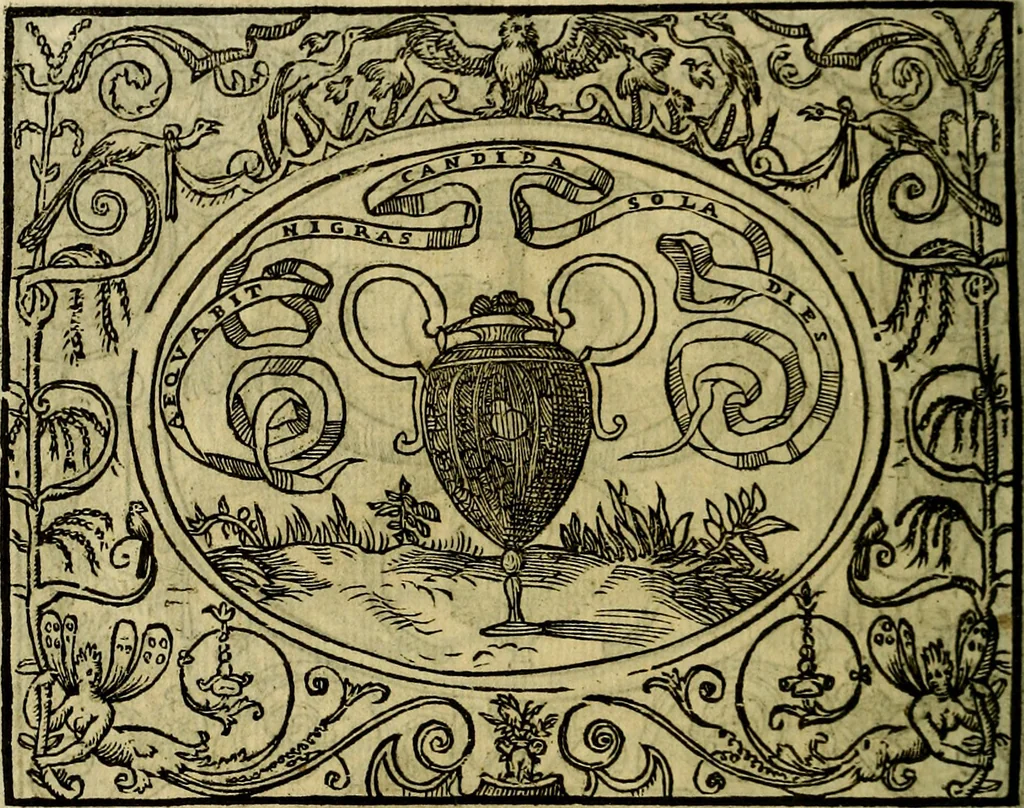 An illustration from La sententiose imprese, et dialogo del Symeone. Con la verificatione del sito di Gergobia, la geografia d'Ouernia, la figura & tempio d'Apolline in Velay; & il suo hieroglyfico monumento, natiuità, vita & epitaffio, 1560, leaf 137