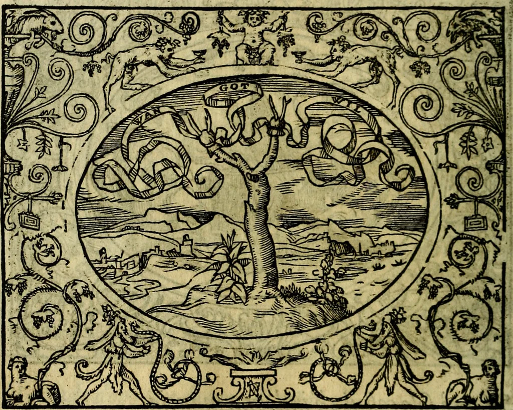 An illustration from La sententiose imprese, et dialogo del Symeone. Con la verificatione del sito di Gergobia, la geografia d'Ouernia, la figura & tempio d'Apolline in Velay; & il suo hieroglyfico monumento, natiuità, vita & epitaffio, 1560, leaf 139