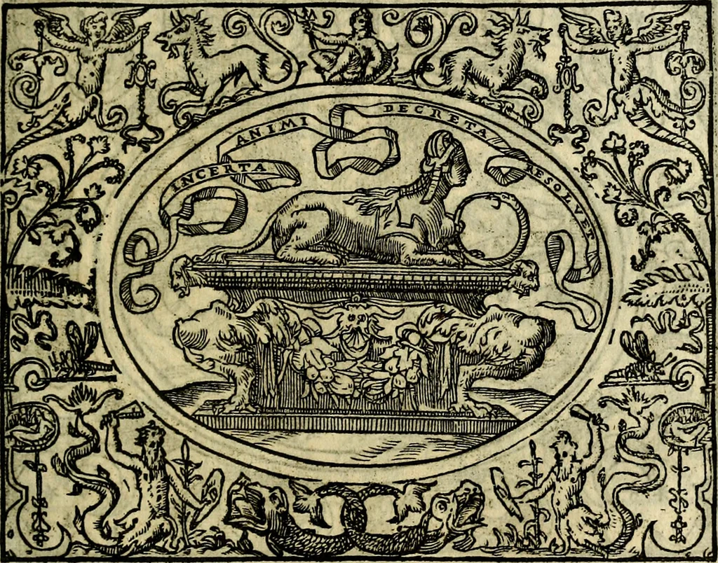 An illustration from La sententiose imprese, et dialogo del Symeone. Con la verificatione del sito di Gergobia, la geografia d'Ouernia, la figura & tempio d'Apolline in Velay; & il suo hieroglyfico monumento, natiuità, vita & epitaffio, 1560, leaf 140