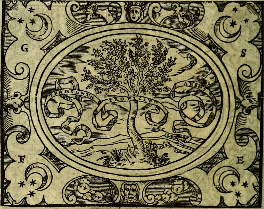 An illustration from La sententiose imprese, et dialogo del Symeone. Con la verificatione del sito di Gergobia, la geografia d'Ouernia, la figura & tempio d'Apolline in Velay; & il suo hieroglyfico monumento, natiuità, vita & epitaffio, 1560, leaf 141