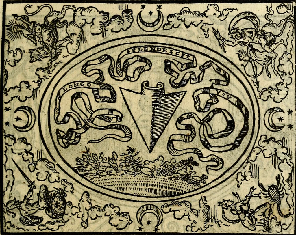An illustration from La sententiose imprese, et dialogo del Symeone. Con la verificatione del sito di Gergobia, la geografia d'Ouernia, la figura & tempio d'Apolline in Velay; & il suo hieroglyfico monumento, natiuità, vita & epitaffio, 1560, leaf 142