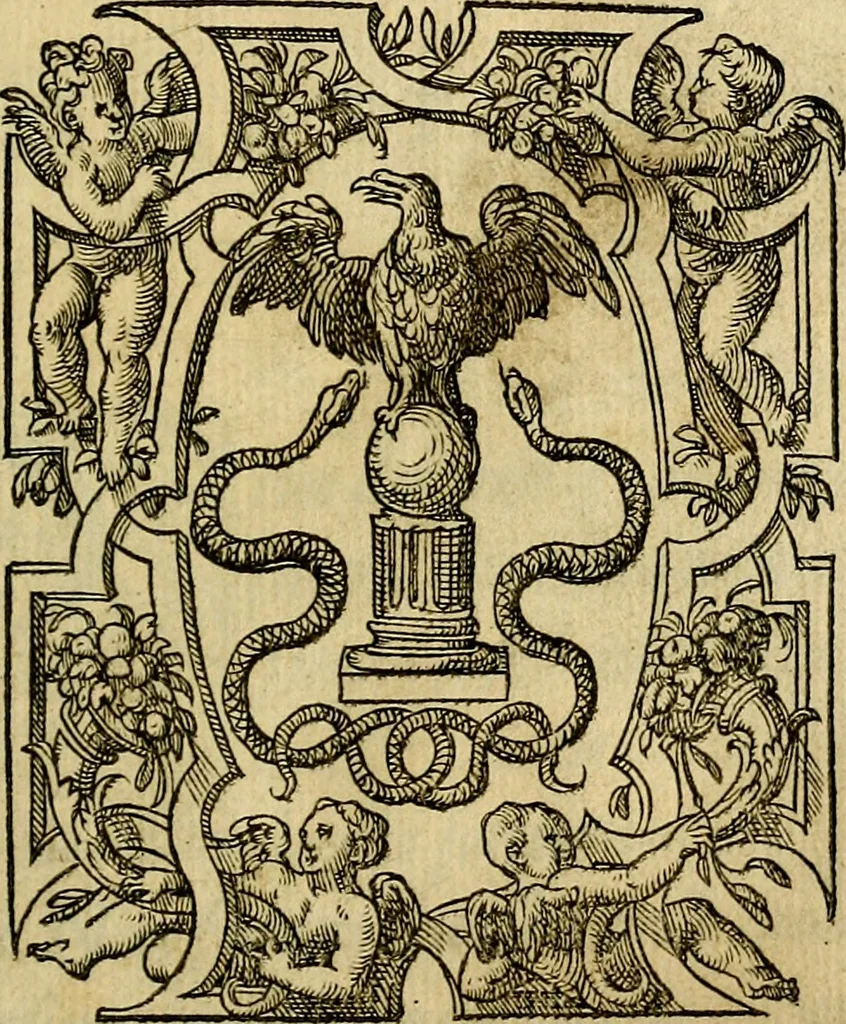 An illustration from La sententiose imprese, et dialogo del Symeone. Con la verificatione del sito di Gergobia, la geografia d'Ouernia, la figura & tempio d'Apolline in Velay; & il suo hieroglyfico monumento, natiuità, vita & epitaffio, 1560, leaf 146