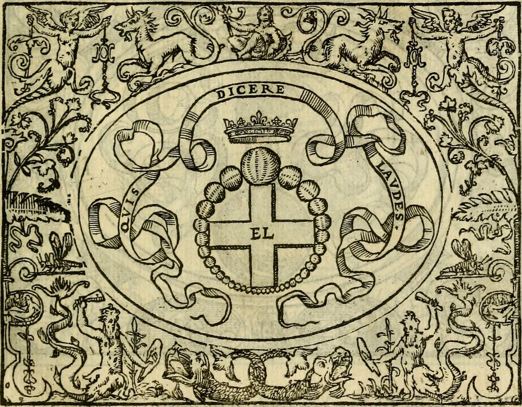 An illustration from La sententiose imprese, et dialogo del Symeone. Con la verificatione del sito di Gergobia, la geografia d'Ouernia, la figura & tempio d'Apolline in Velay; & il suo hieroglyfico monumento, natiuità, vita & epitaffio, 1560, leaf 18