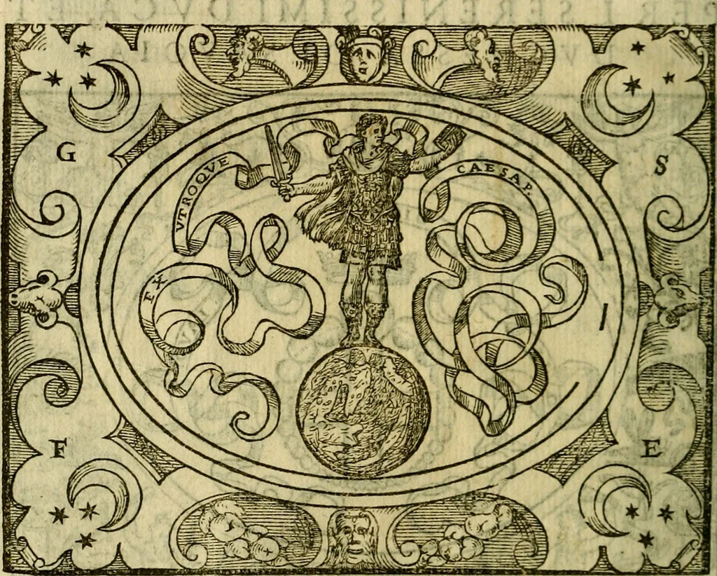 An illustration from La sententiose imprese, et dialogo del Symeone. Con la verificatione del sito di Gergobia, la geografia d'Ouernia, la figura & tempio d'Apolline in Velay; & il suo hieroglyfico monumento, natiuità, vita & epitaffio, 1560, leaf 19