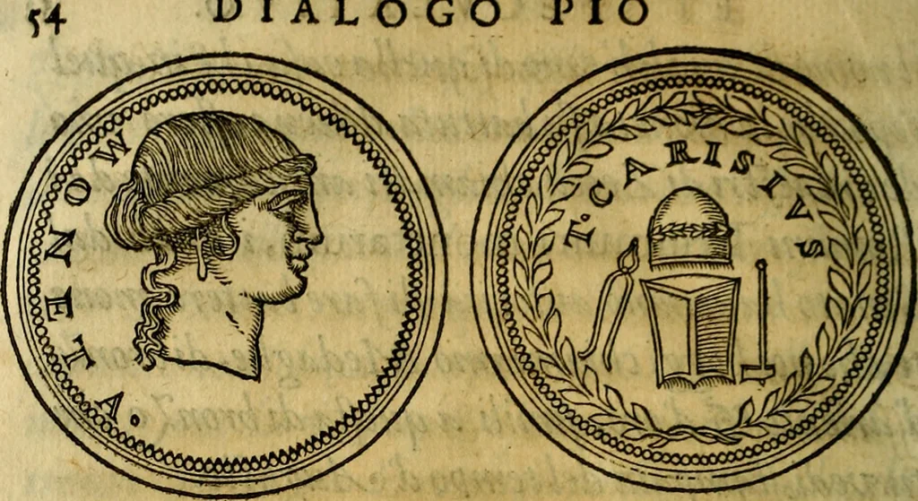 An illustration from La sententiose imprese, et dialogo del Symeone. Con la verificatione del sito di Gergobia, la geografia d'Ouernia, la figura & tempio d'Apolline in Velay; & il suo hieroglyfico monumento, natiuità, vita & epitaffio, 1560, leaf 199