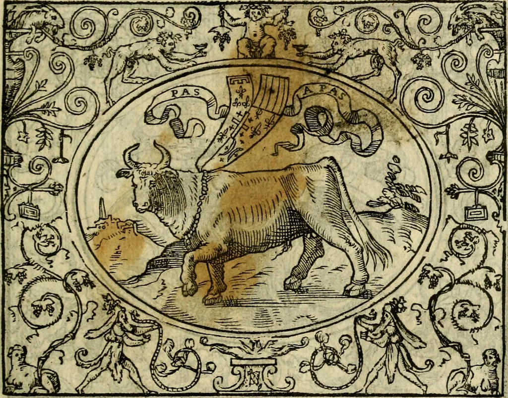 An illustration from La sententiose imprese, et dialogo del Symeone. Con la verificatione del sito di Gergobia, la geografia d'Ouernia, la figura & tempio d'Apolline in Velay; & il suo hieroglyfico monumento, natiuità, vita & epitaffio, 1560, leaf 22