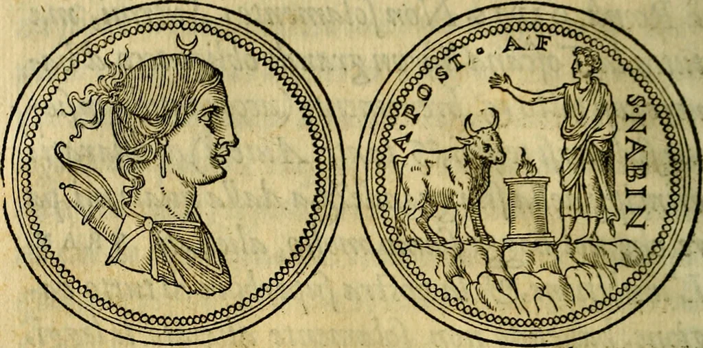 An illustration from La sententiose imprese, et dialogo del Symeone. Con la verificatione del sito di Gergobia, la geografia d'Ouernia, la figura & tempio d'Apolline in Velay; & il suo hieroglyfico monumento, natiuità, vita & epitaffio, 1560, leaf 233
